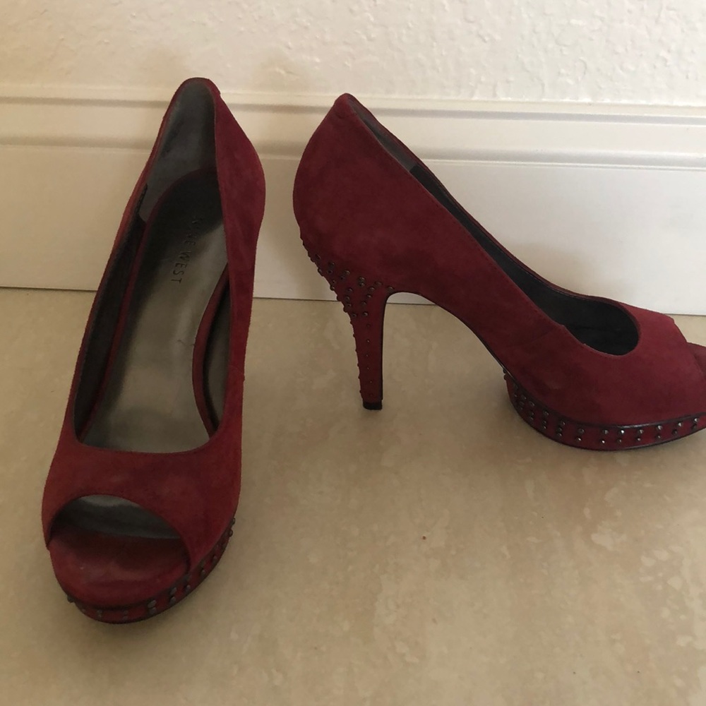 Dark Red Suede Open Toe Platform Heels Size 9